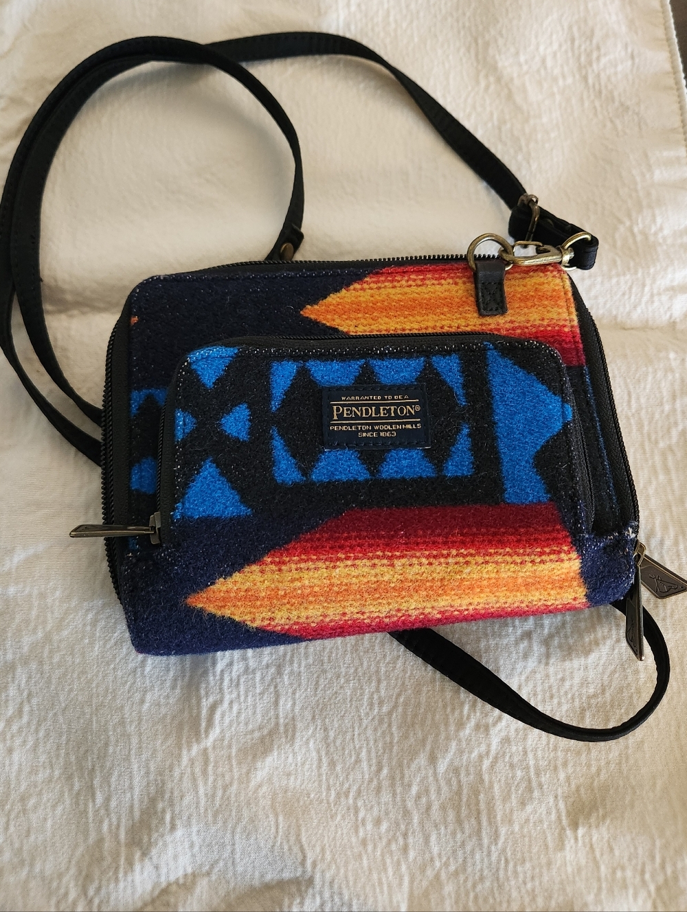 Pendleton Navy Blue with Red & Orange Geometric Crossbody Bag